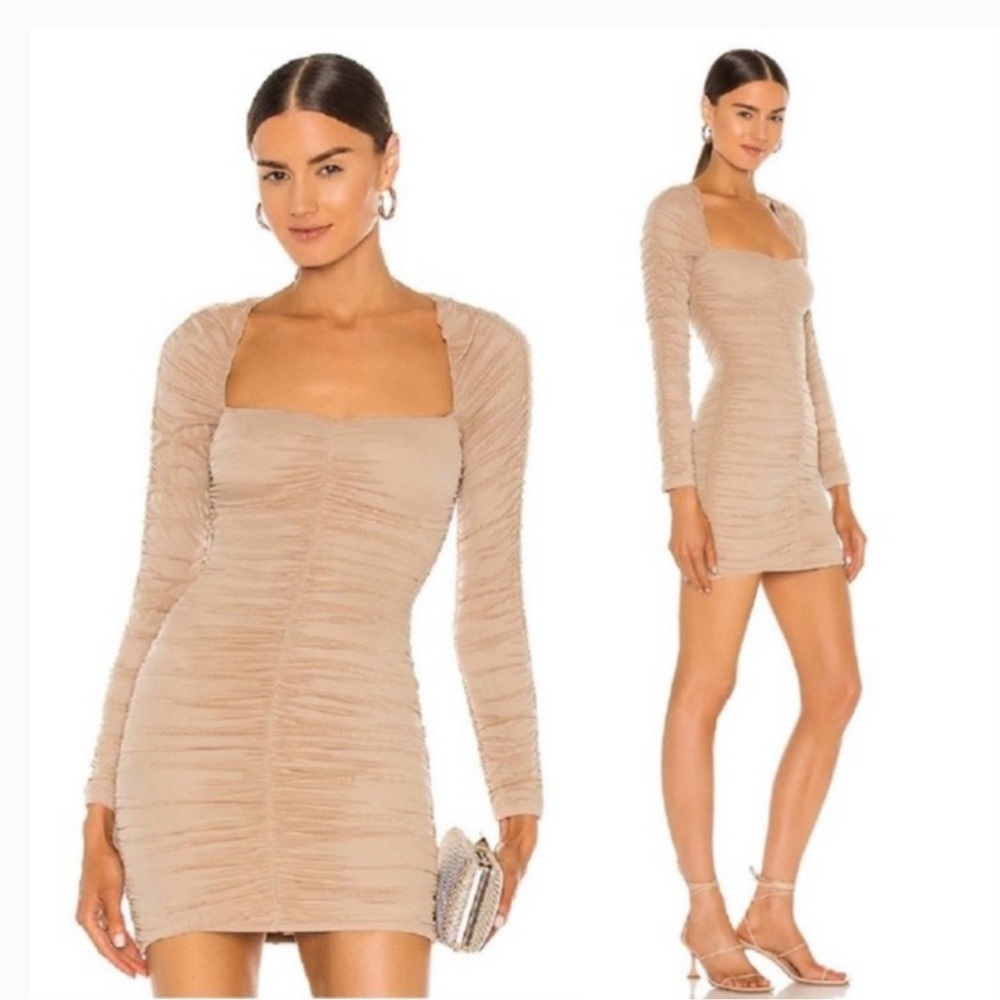 Michael Costello Tan Bodycon Dress with Long Cuffed Sleeves